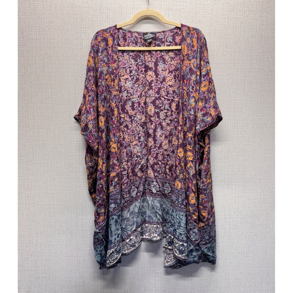 Angie Kimono Wrap Women L Purple Floral Boho Festival Beach Coverup Rayon